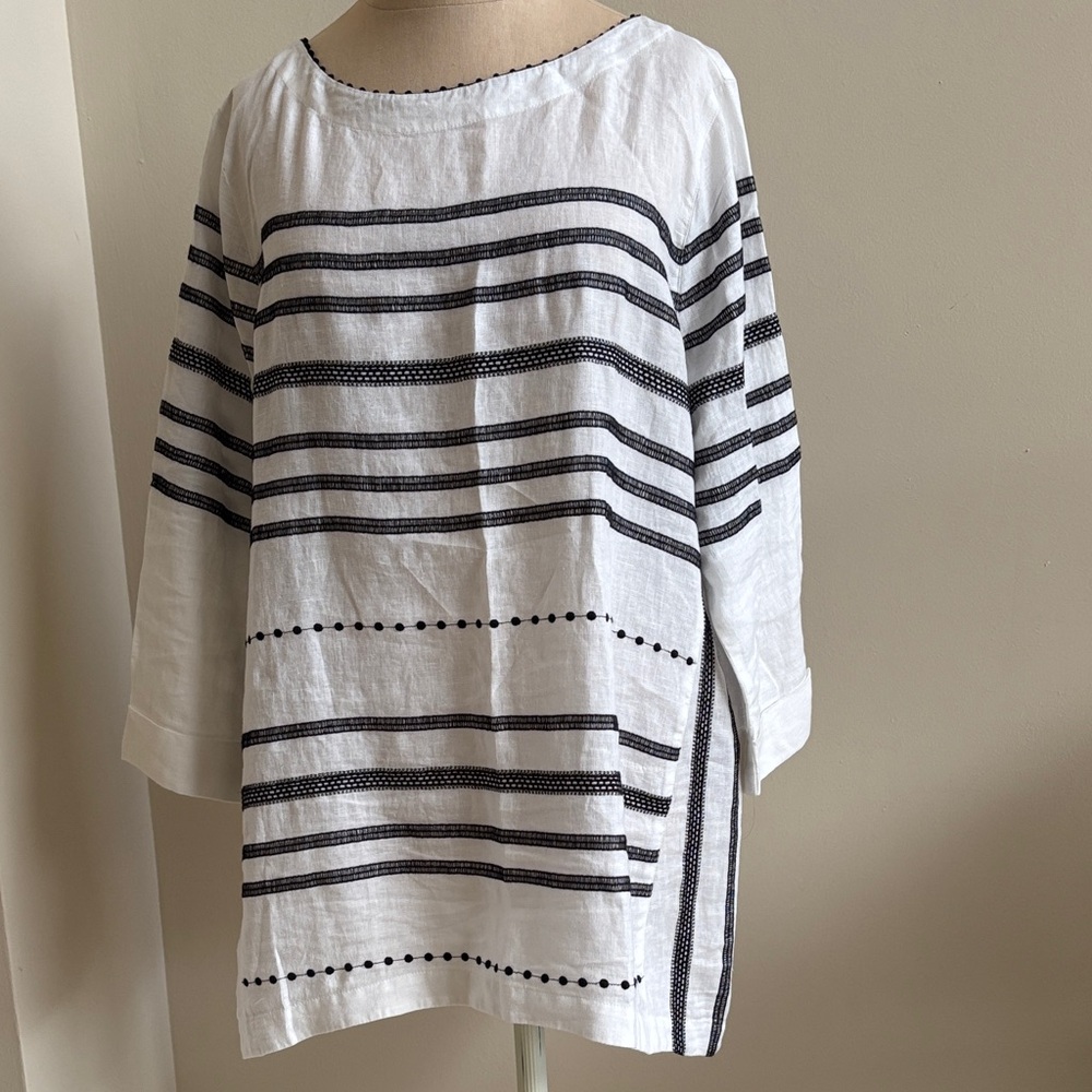 J Jill LOVE LINEN White & Black Embroidered Linen Tunic Top